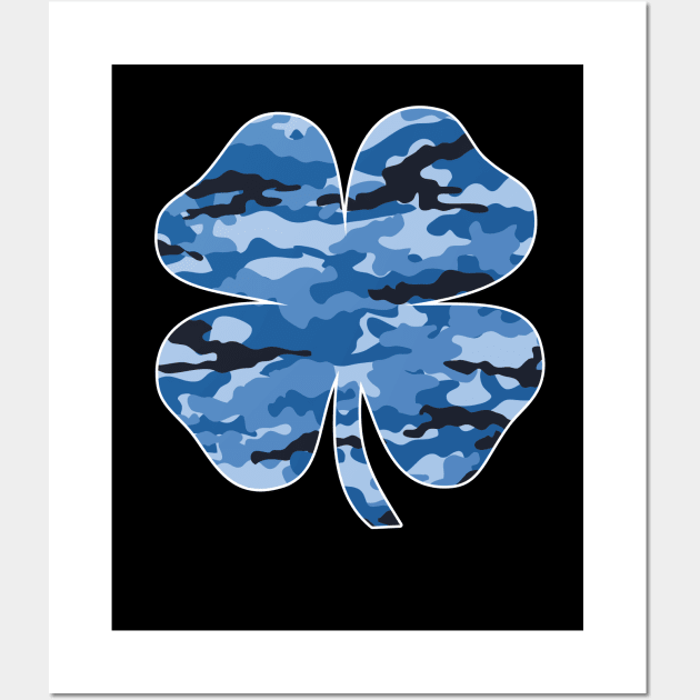 Blue Camouflage Irish Shamrock Lucky Four-leaf Clover St Patrick's Day Wall Art by wonderws